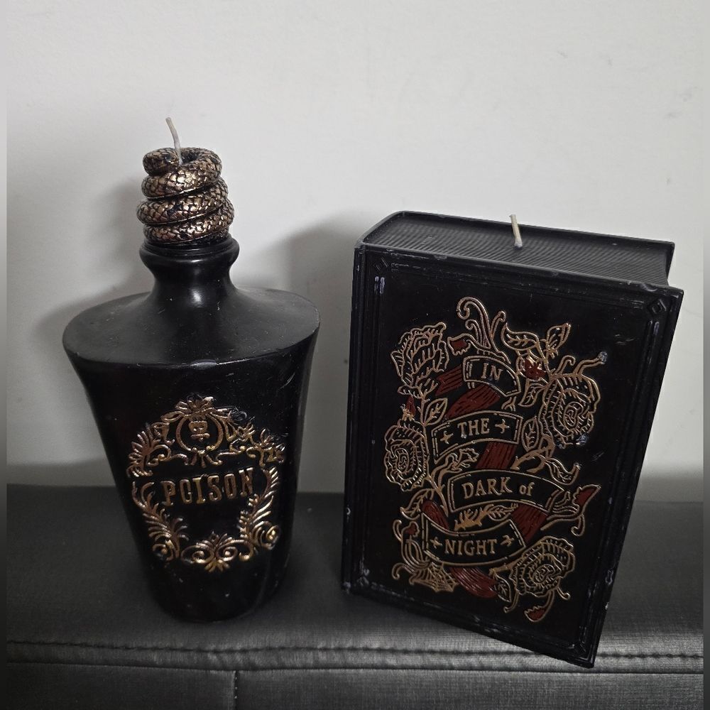 Lot of two Halloween Decor Book of Spells and Poison Bottle Candle